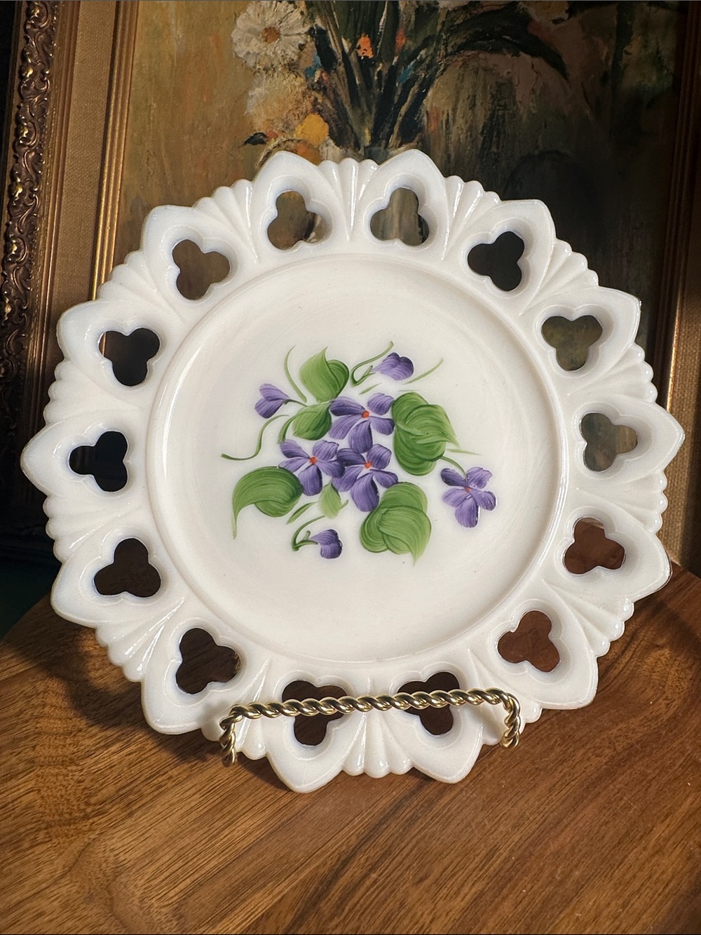 Vintage Reticulated Milk Glass Decorative Plate With Hand Painted Violets 7”